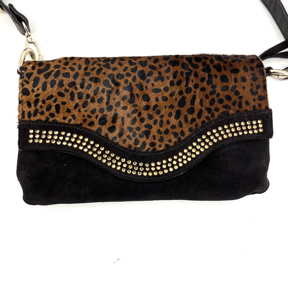 Miztique Vintage Brown Suede Shoulder Bag Leopard Print‎ Jewel Embellished Purse